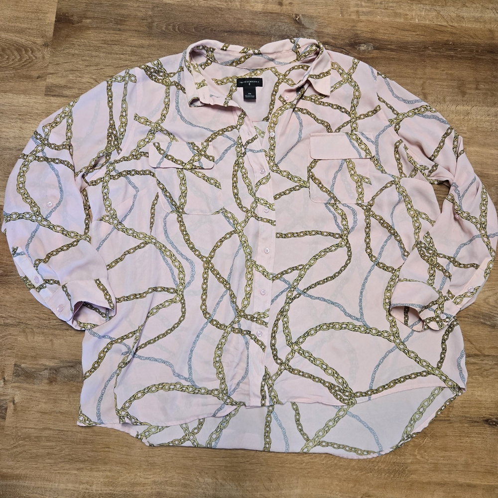 Investments Pink Button Down Blouse with Gold and Silver Chain Print 2X